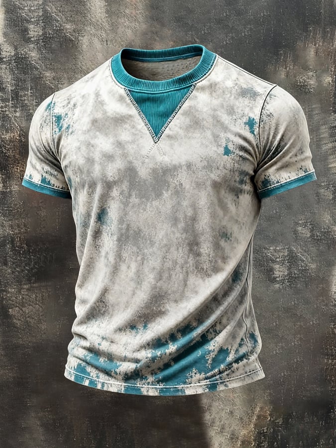 Retro en bloques de color cuello redondo de manga corta Top para hombre