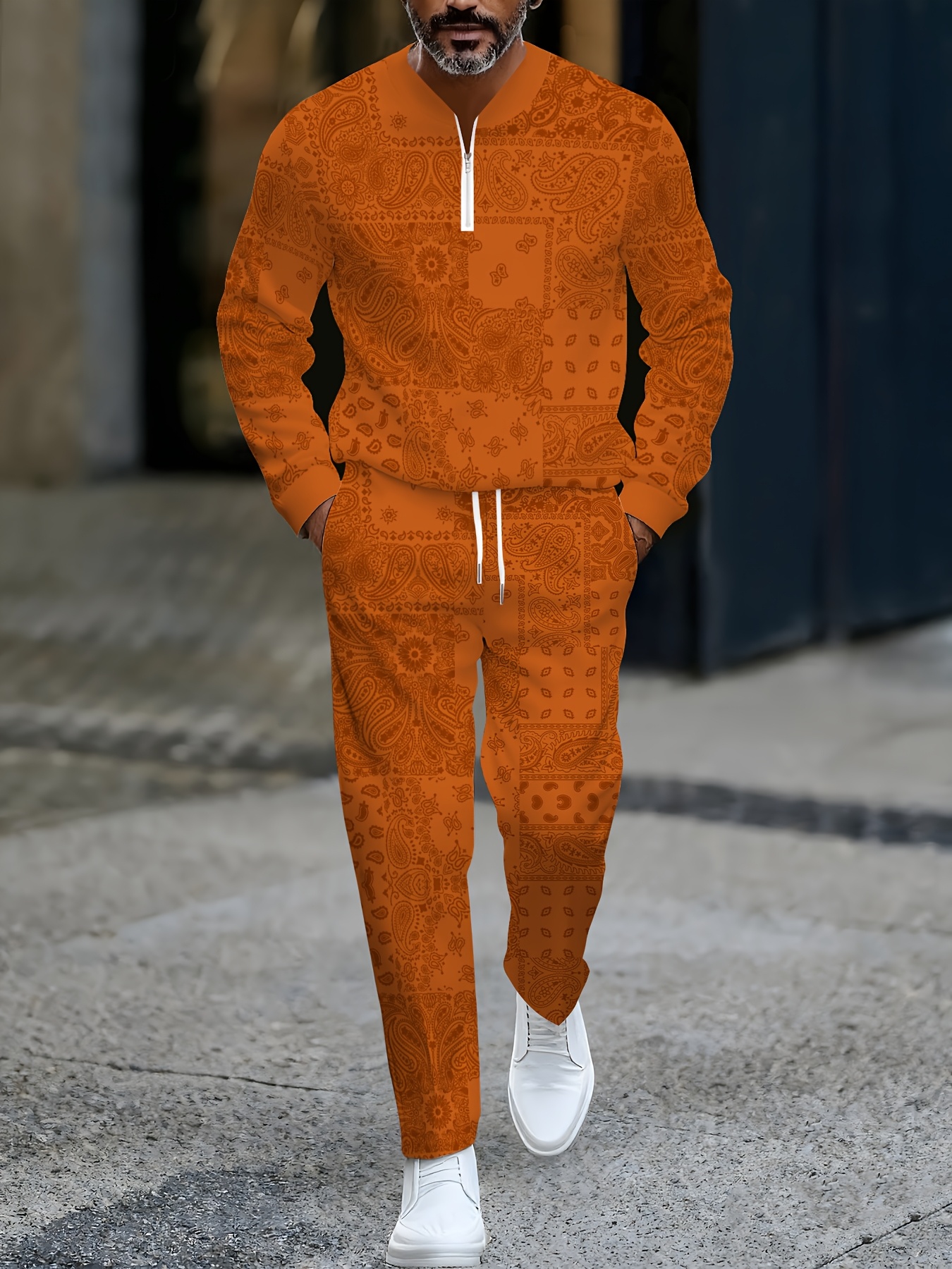 Conjunto de dos piezas casual Orange Flower estampado Round-Neck Zipper de manga larga Trousers para hombre