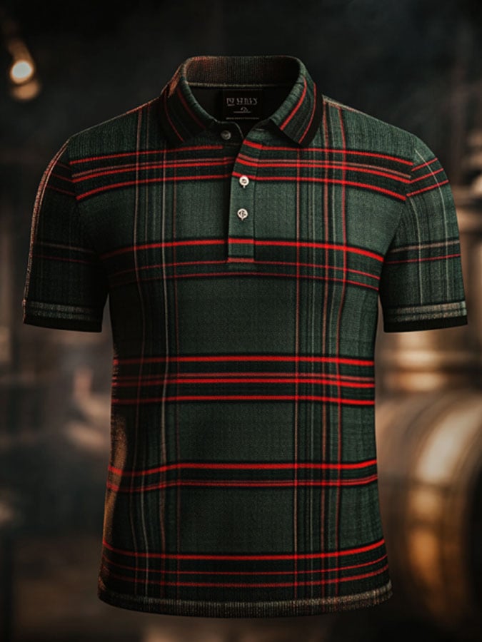 Camisa polo casual clásico a cuadros estampado ejecutivo de manga corta para hombre