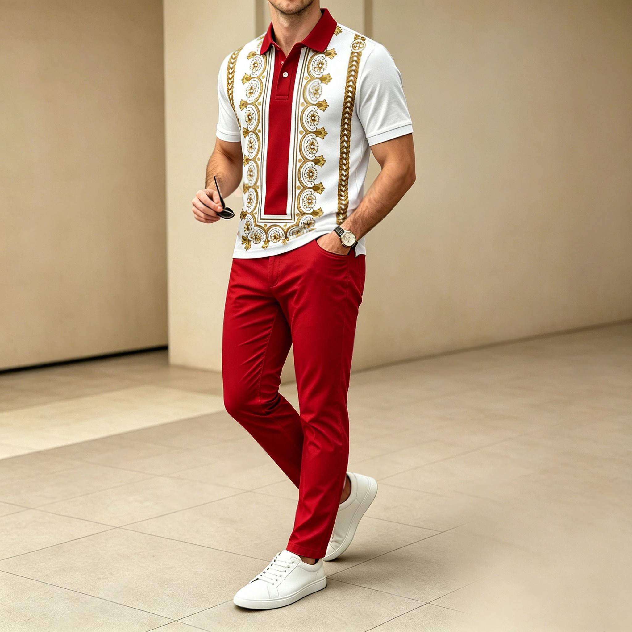 Conjunto de dos piezas casual Red estampado camisa polo And pantalón para hombre