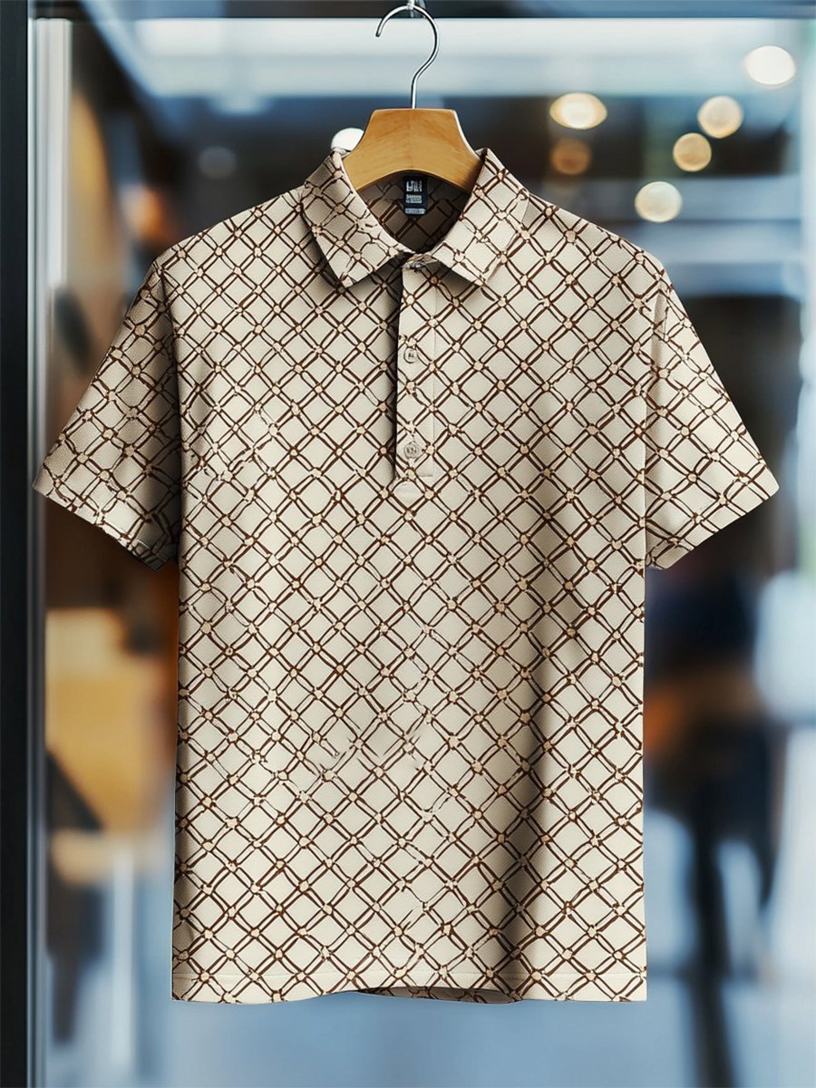 Camisa polo casual ejecutivo geométrico Button de manga corta para hombre