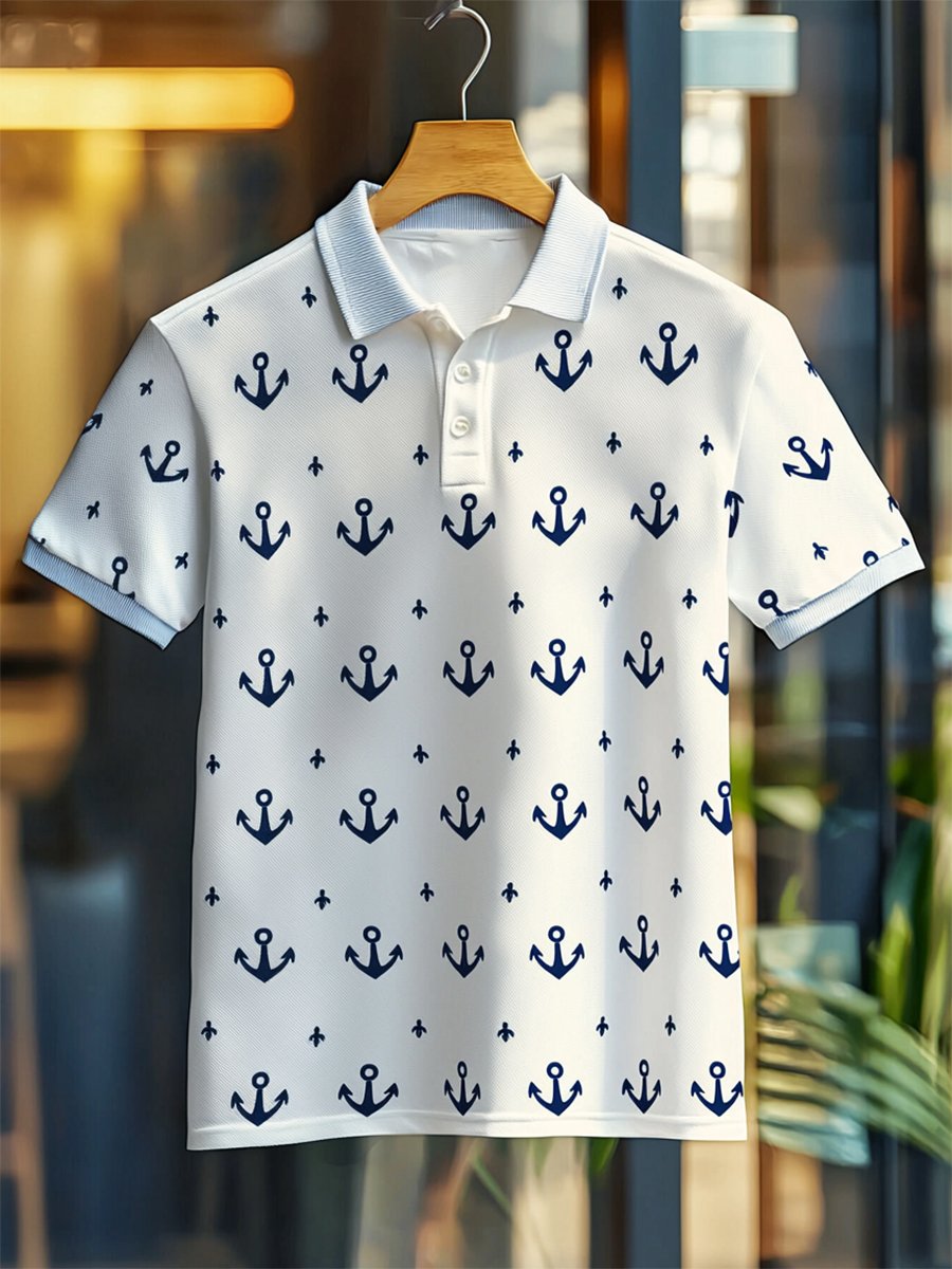 Camisa polo casual ejecutivo Anchor estampado Button de manga corta para hombre