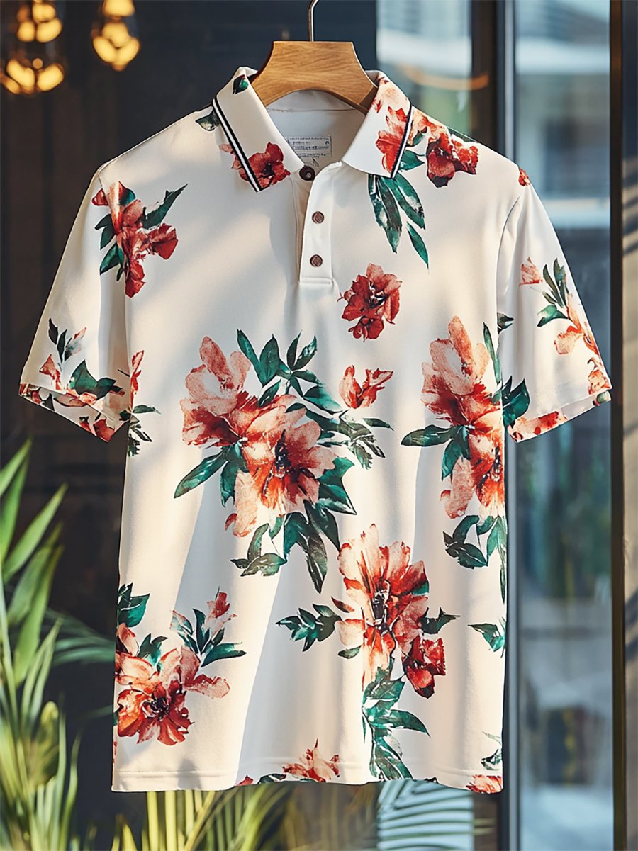 Camisa polo casual Festive floral estampado Button de manga corta para hombre