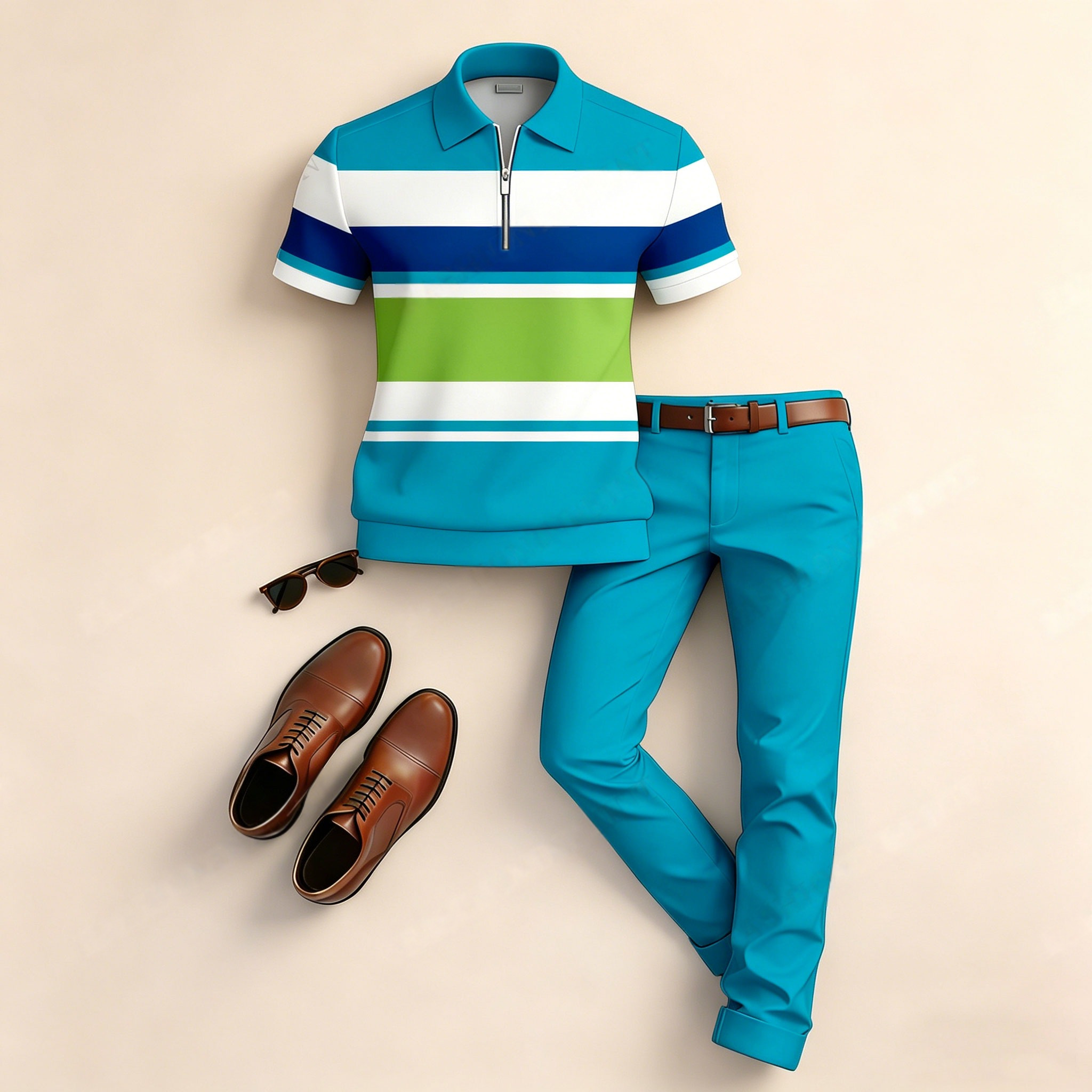 Conjunto de dos piezas casual Horizontal a rayas Color-Block estampado de manga corta camisa polo And pantalón para hombre