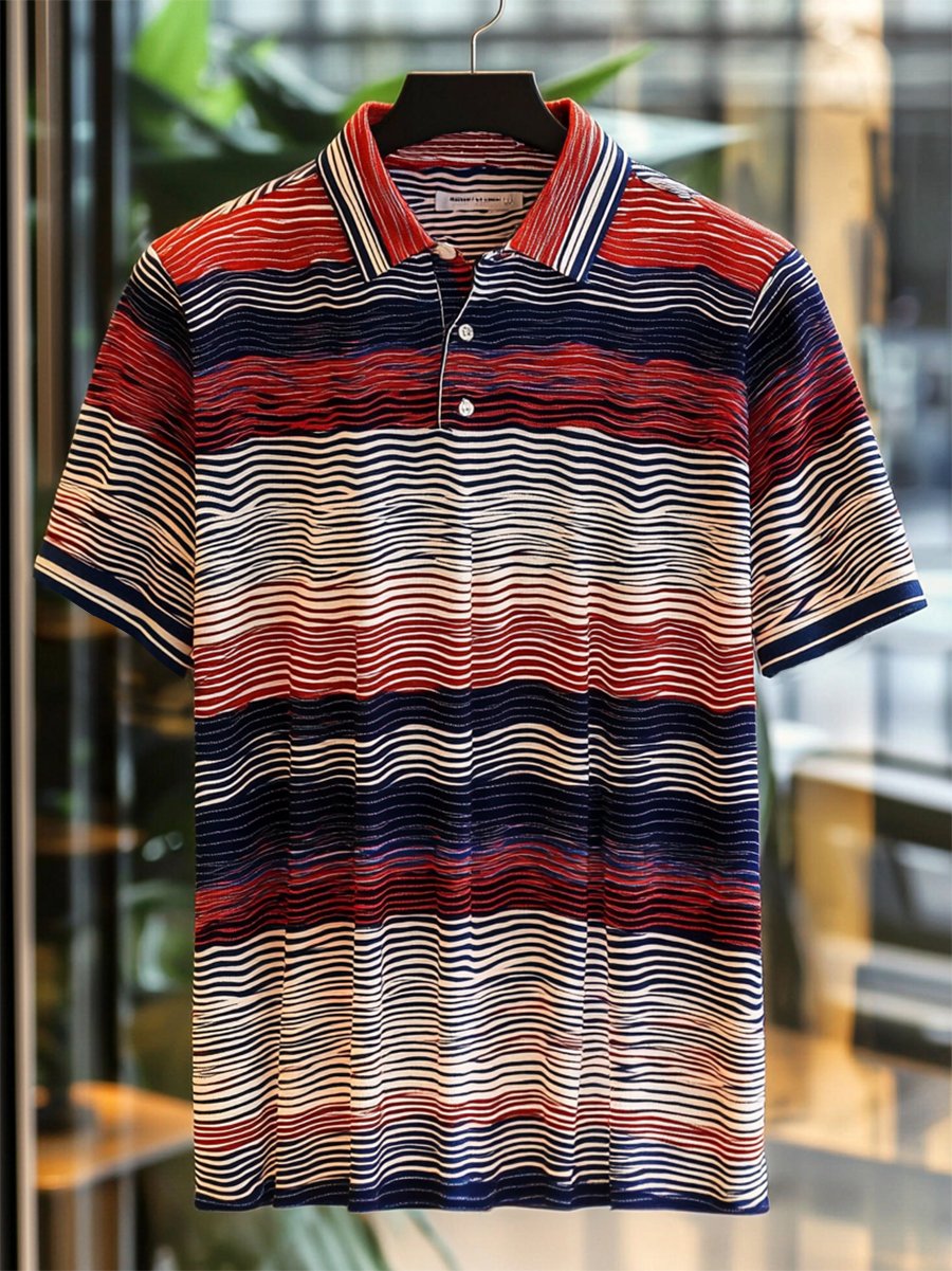 Camisa polo ejecutivo casual rayas estampado Button de manga corta para hombre