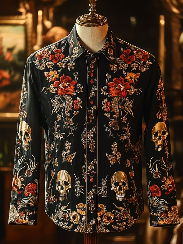 Camisa retro casual Skull estampado de manga larga para hombre