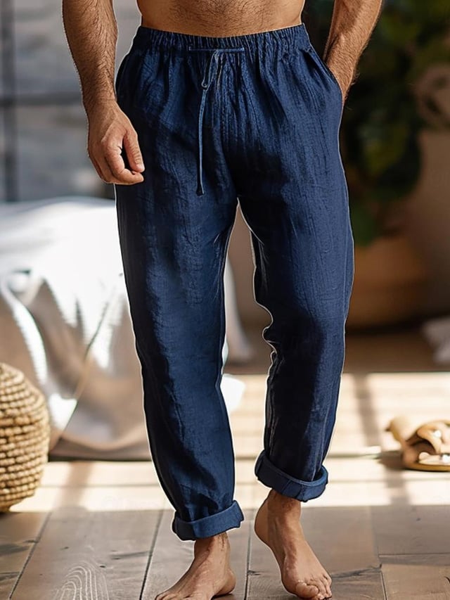 Pantalón Drawstring Elastic Waist Straight Comfortable And transpirable para exterior Vacation Beach Vacation casual para hombre