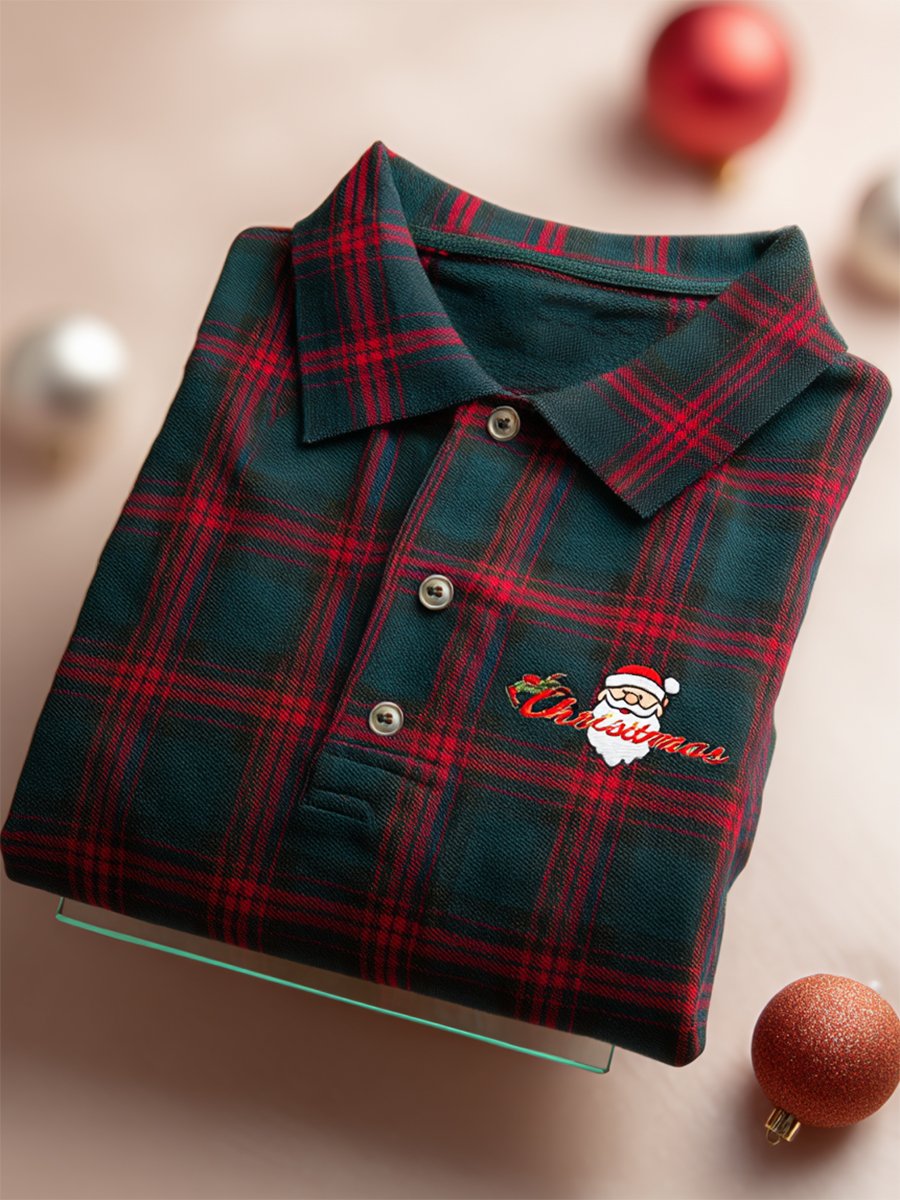 Camisa polo Christmas a cuadros de manga larga para hombre
