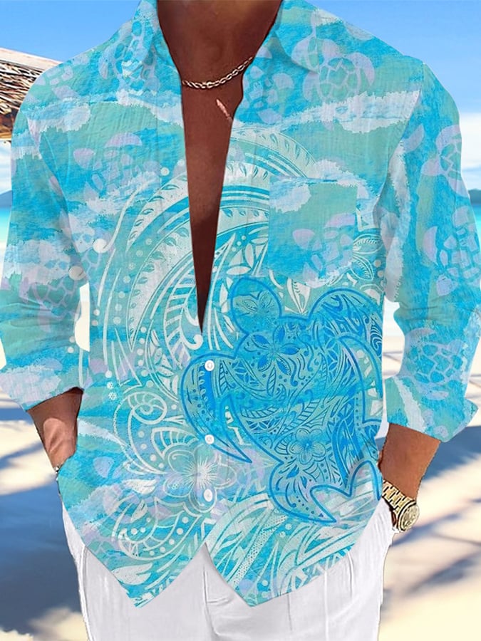Camisa casual Hawaiian Turtle estampado Lapel para hombre