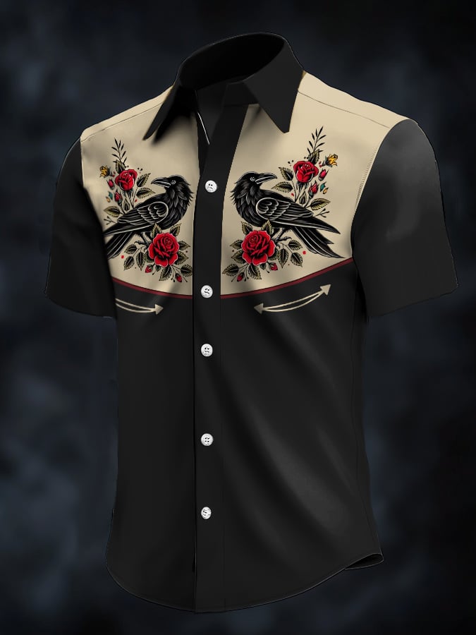 Camisa retro Western Contrast estampado de manga corta casual para hombre