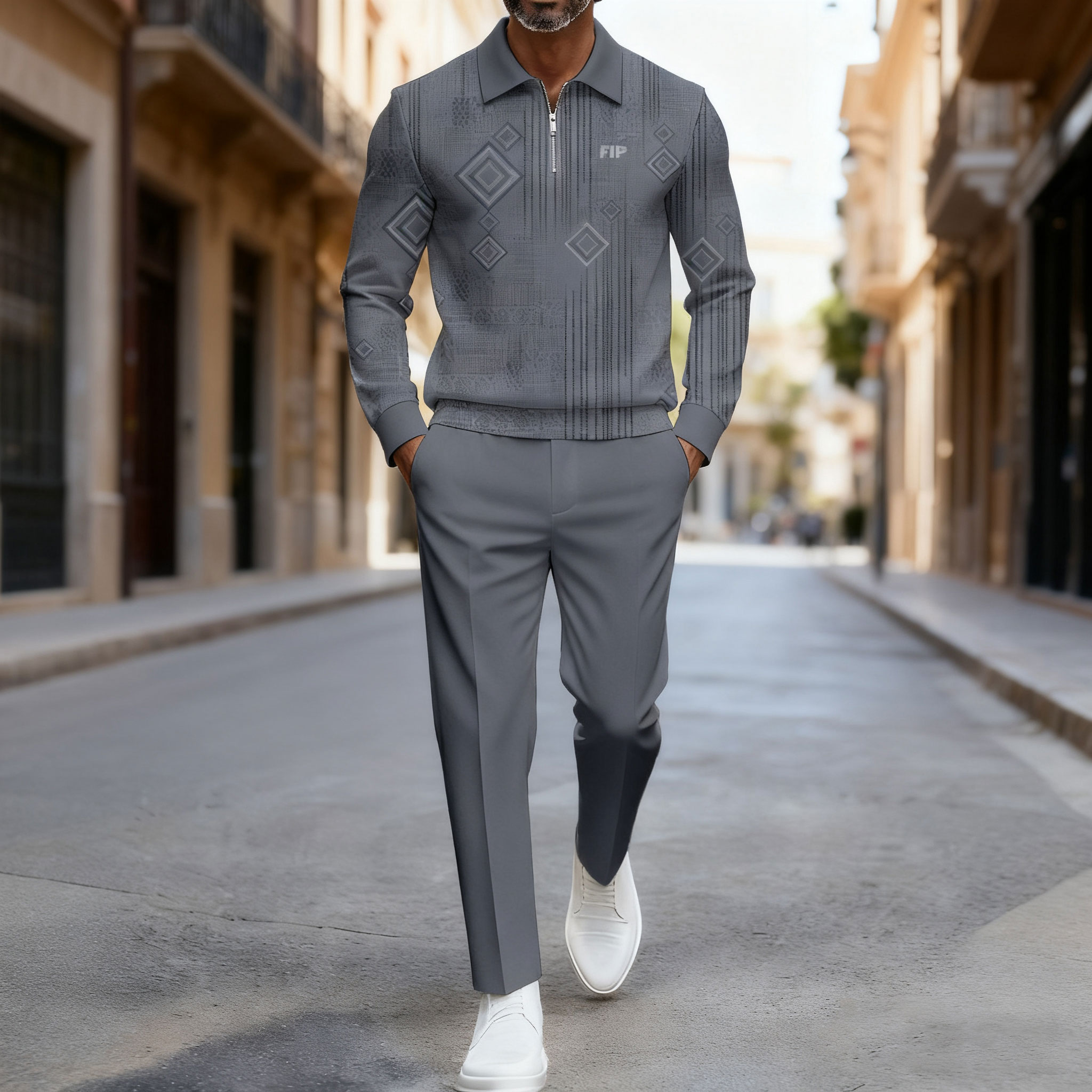 Conjunto de dos piezas casual Gray Color Matching geométrico estampado Polo-cuello cierre de manga larga Trousers para hombre