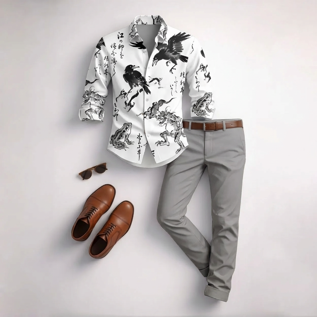 Conjunto de dos piezas casual White & Black Bird estampado de manga larga camisa And Trousers para hombre