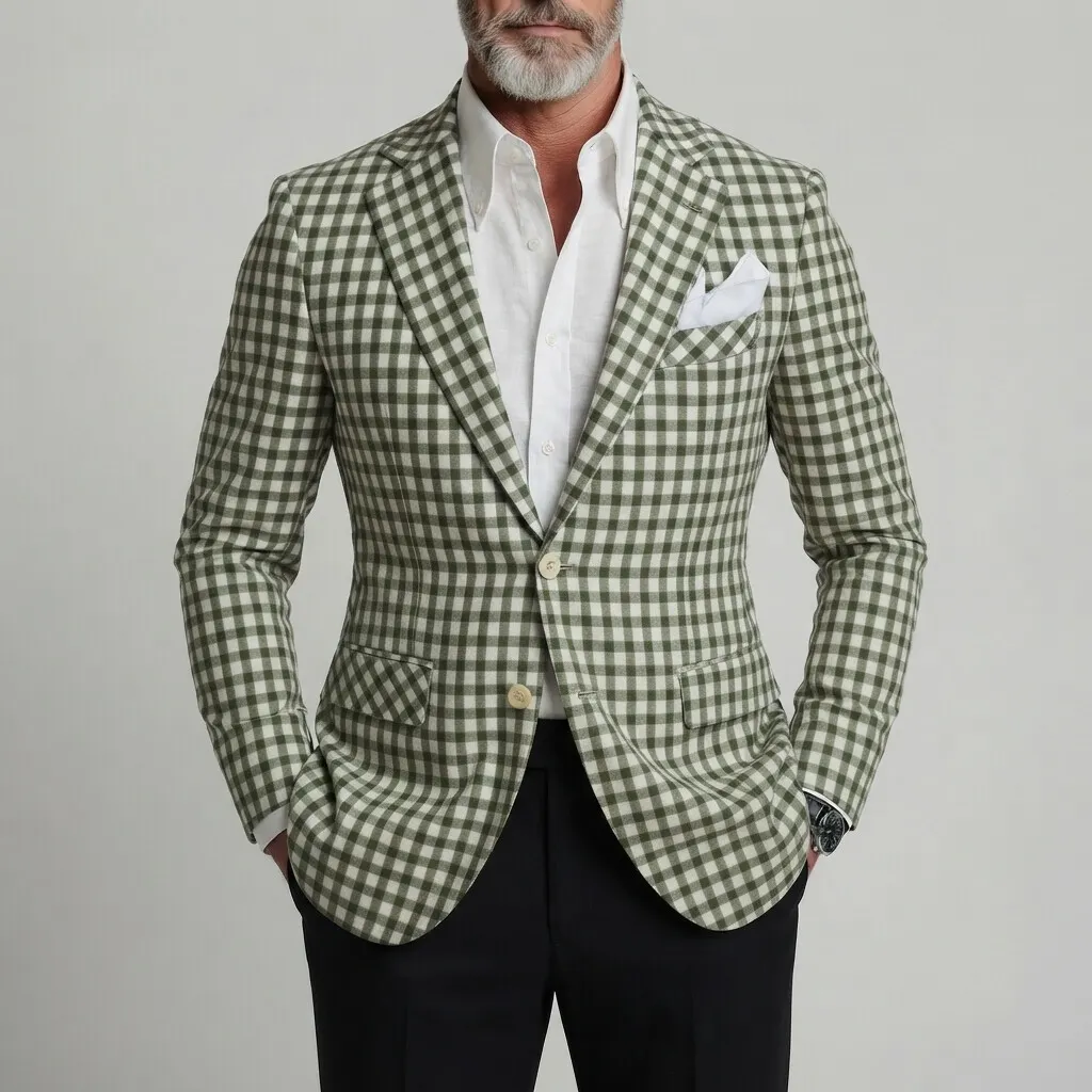 para hombre clásico Green Gingham Print Single Breasted Notch Lapel de corte entallado saco