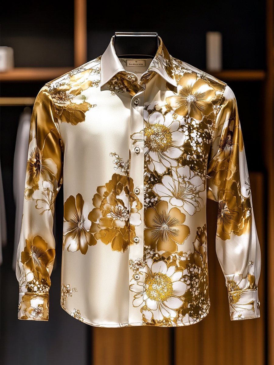 Camisa satén Luxe floral estampado de manga larga con botones para hombre