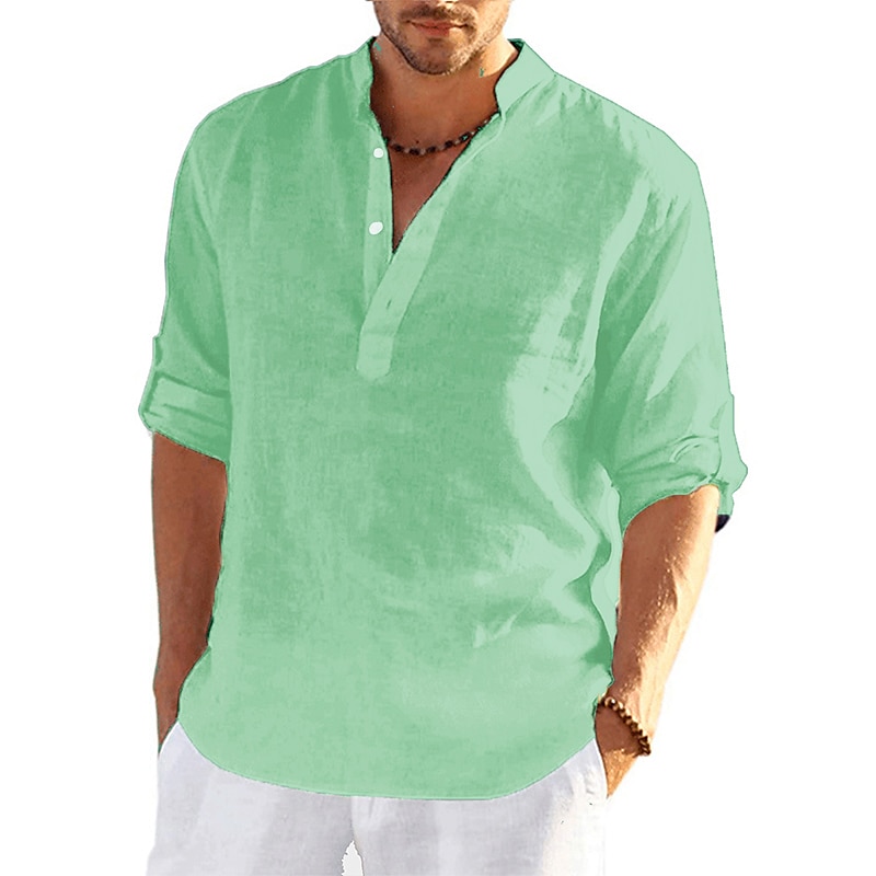Camisa de lino camisa Band cuello camisa Popover camisa Summer camisa Beach Wear de color sólido hawaiano Holiday Black White Yellow Pink de manga larga Henley Summer Spring Clothing Apparel con botones para hombre - vista 11