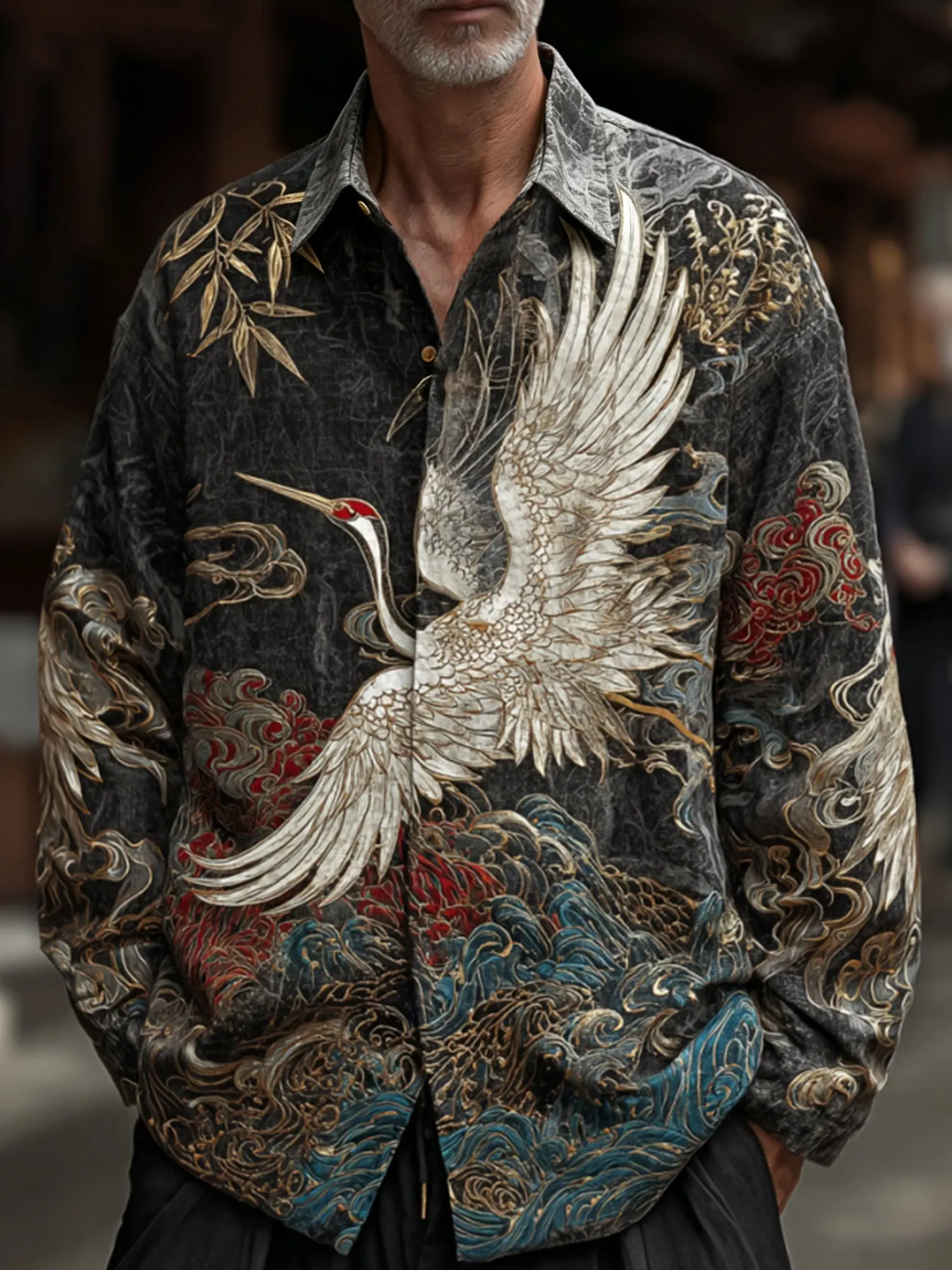 Camisa retro Japanese Style Crane And Wave estampado casual de algodón de lino de manga larga para hombre