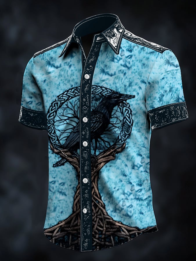 Camisa casual Dark Viking Crow estampado satén para hombre