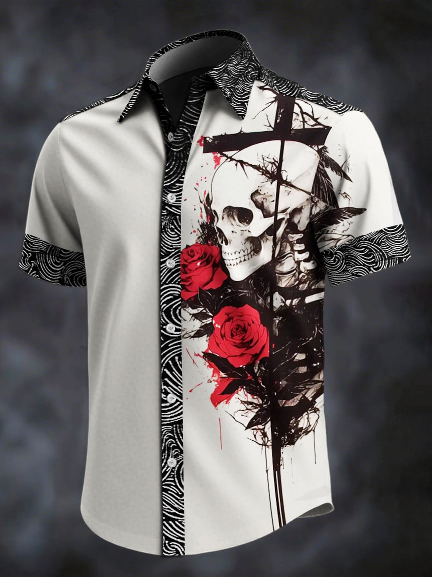 Camisa retro Skull estampado solapa de manga corta para hombre