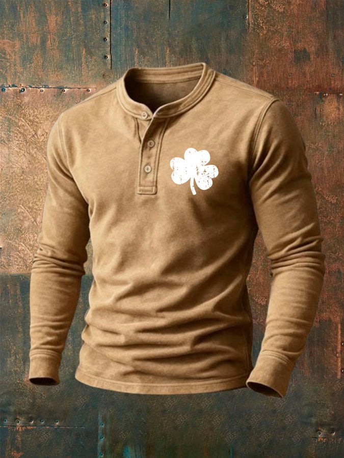 Camisa vintage St. Patrick's Day estampado Henley Neck para hombre