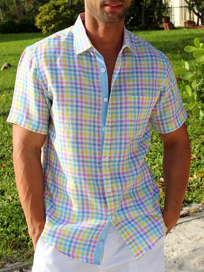Camisa a cuadros en bloques de color estampado Lapel de moda para hombre