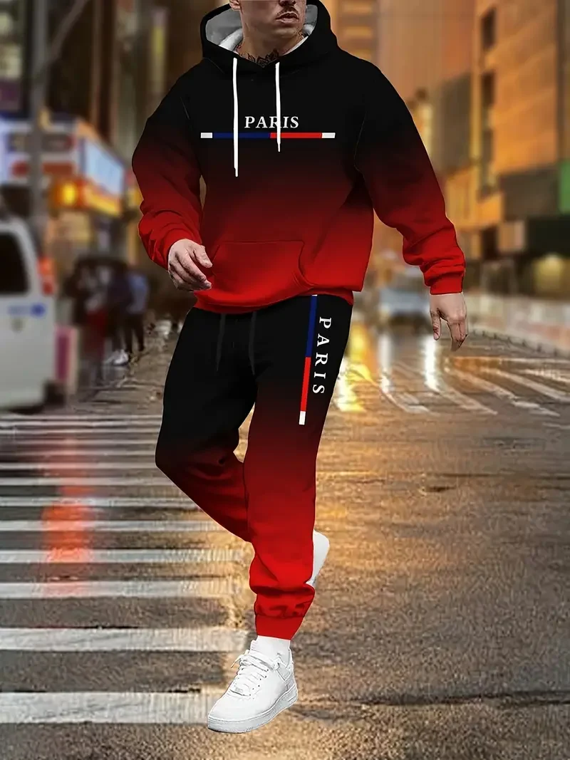 Sudadera con capucha Gradient Color Paris Tracksuit Outfit Street de moda 3D estampado Sport 2-Piece Autumn/Winter sudadera Sweatpantalón Set para hombre