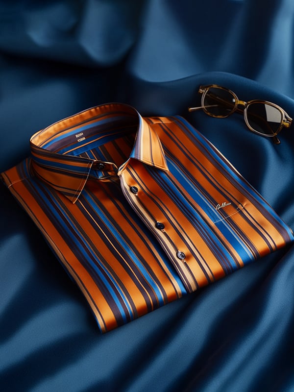 Camisa satén de lujo vintage a rayas de manga corta para hombre