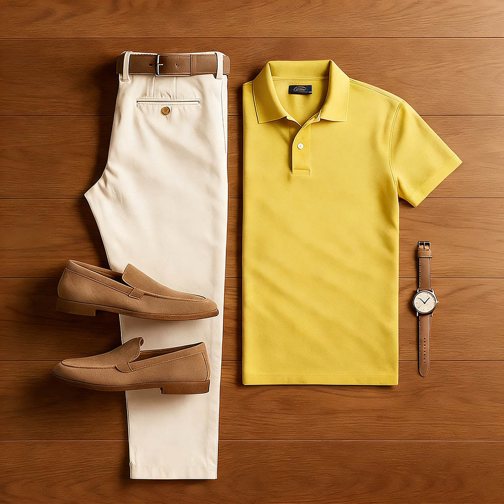 Conjunto de dos piezas casual Yellow & Khaki Color Matching de manga corta camisa polo & Trousers para hombre