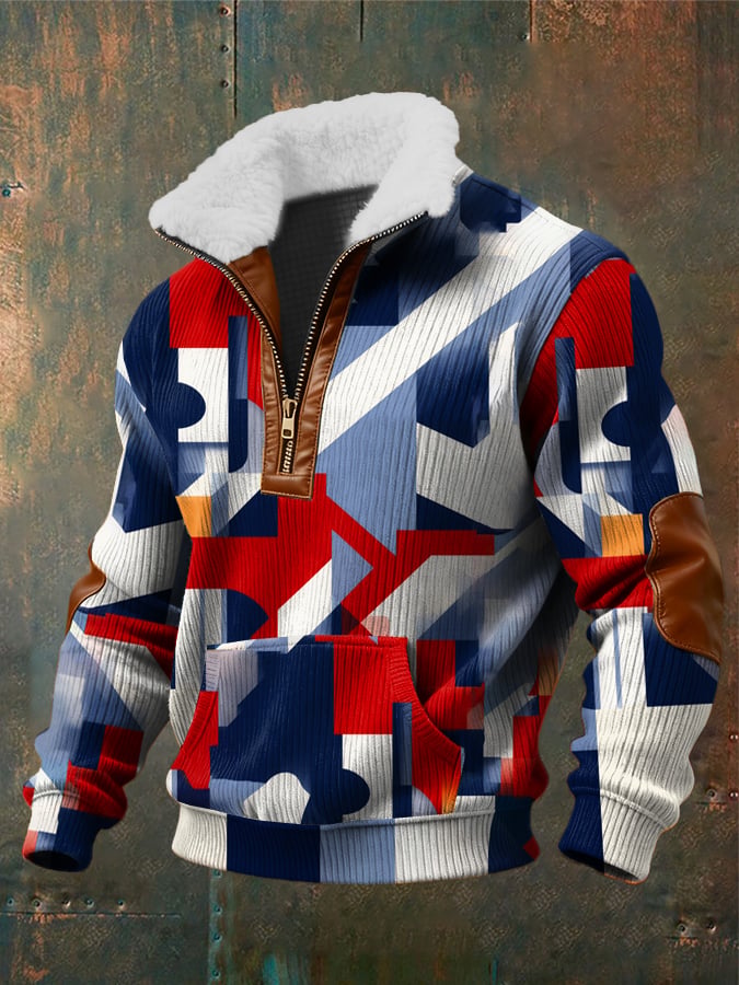 Sudadera retro Abstract Art estampado cierreed Fur cuello bolsillo Patchpara trabajo de manga larga para hombre