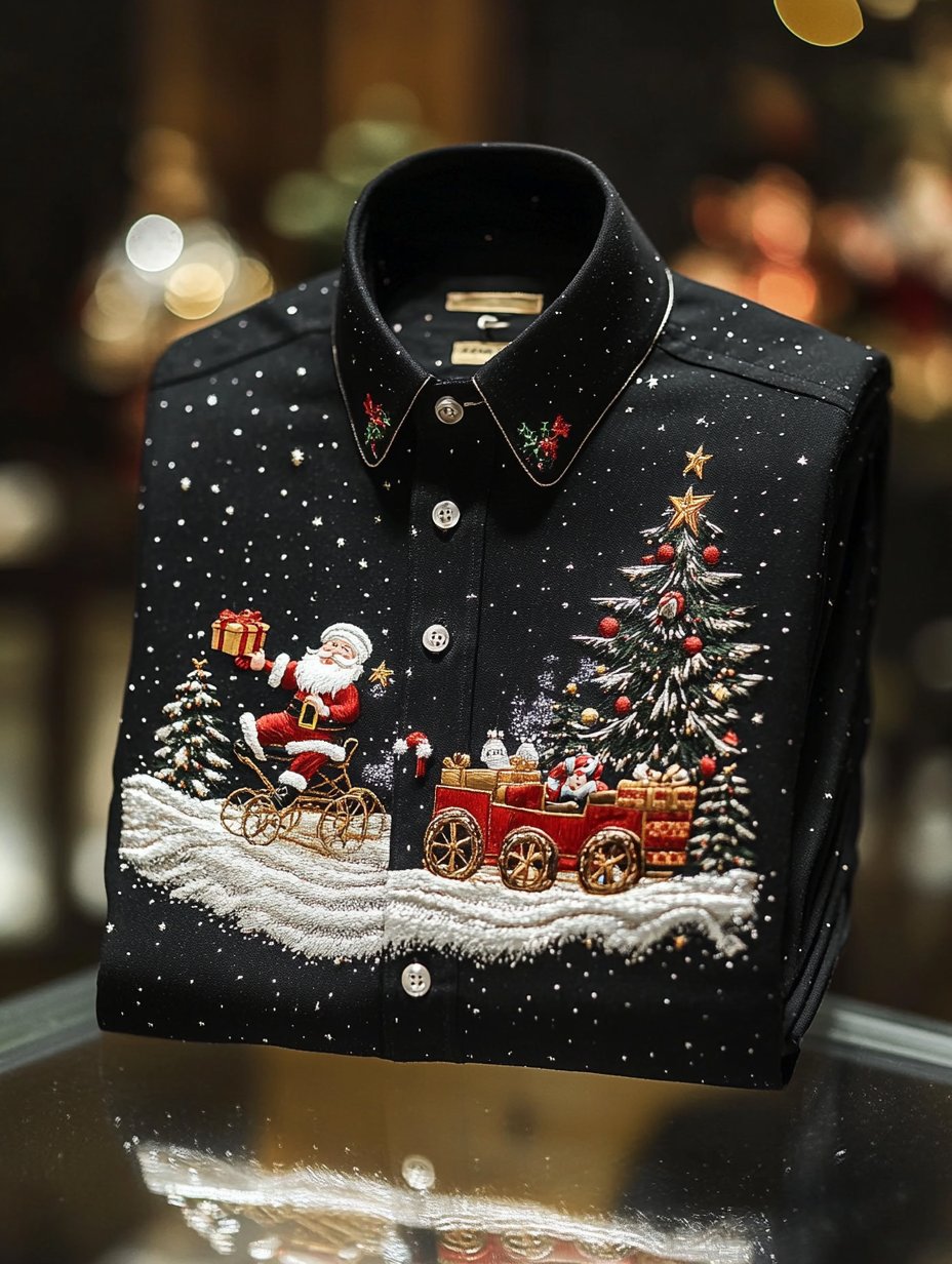 Camisa retro Christmas estampado Santa Gifts de manga larga para hombre