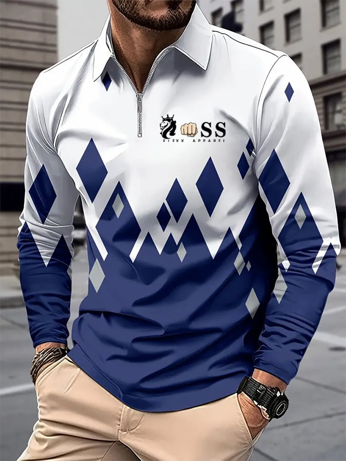 Camisa polo retro Letter Design ejecutivo de manga larga para hombre