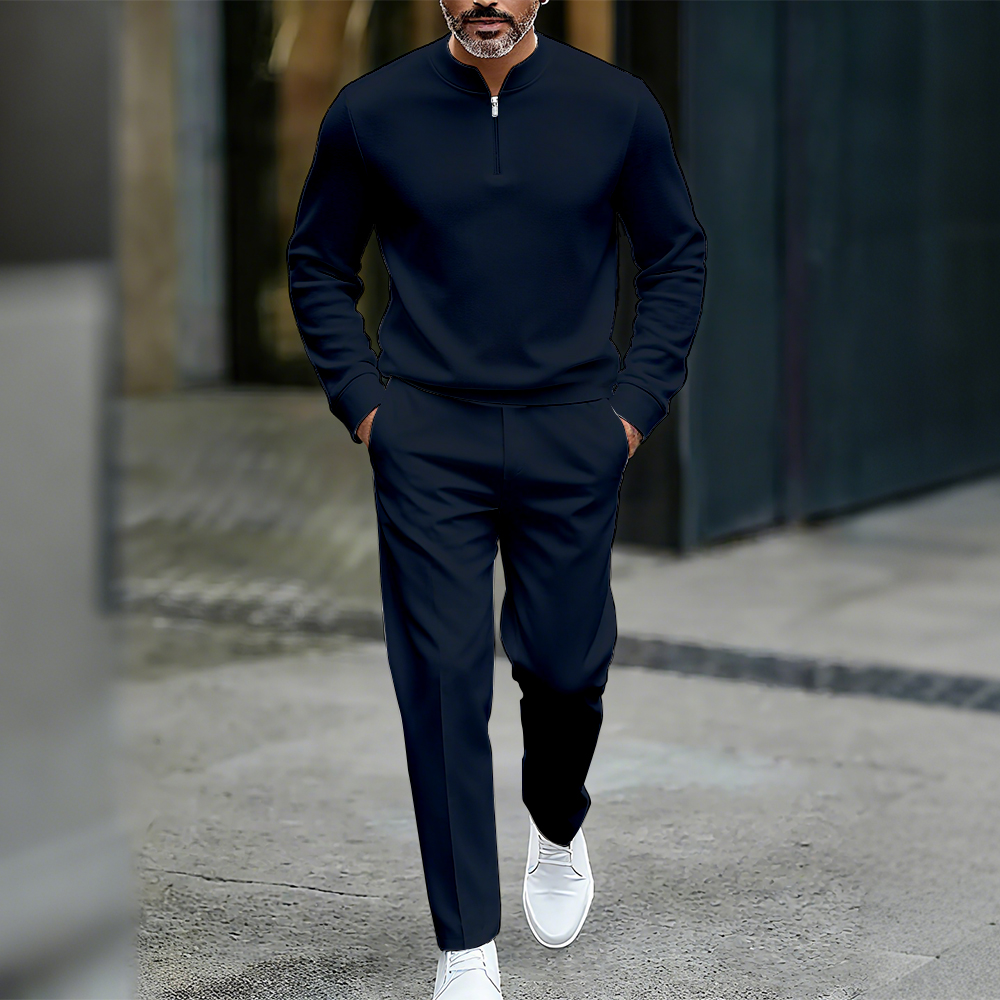 para hombre casual de color sólido Round-Neck Zipper de manga largad Trousers conjunto de dos piezas