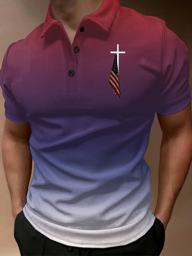 Casual degradado estampado estampado Button cuello Polo Top para hombre