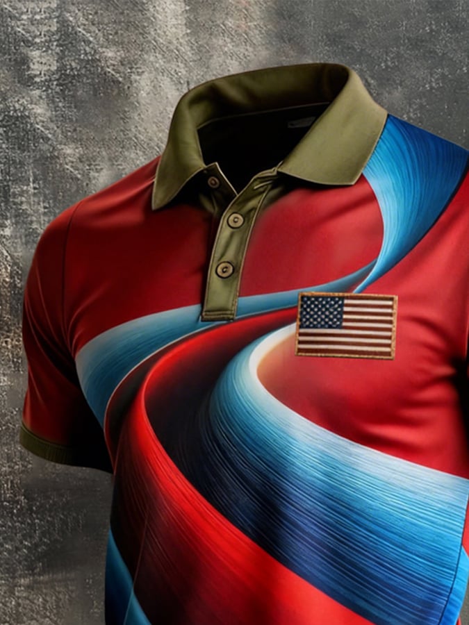 Retro Patriot en bloques de color Polo Collar de manga corta para hombre