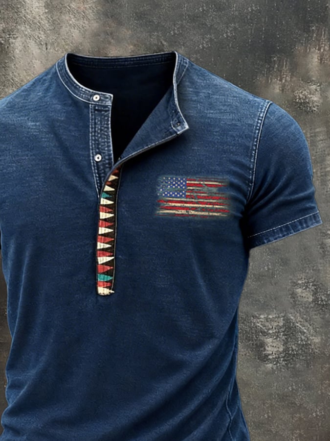 Retro Pure de algodón Washed desgastado Color-Blocked Henley cuello de manga corta Top para hombre