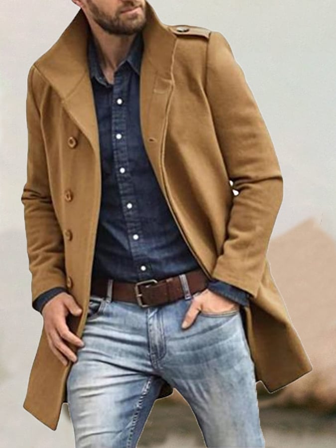 Abrigo de moda casual Standing cuello Double Breasted Faux lana para hombre
