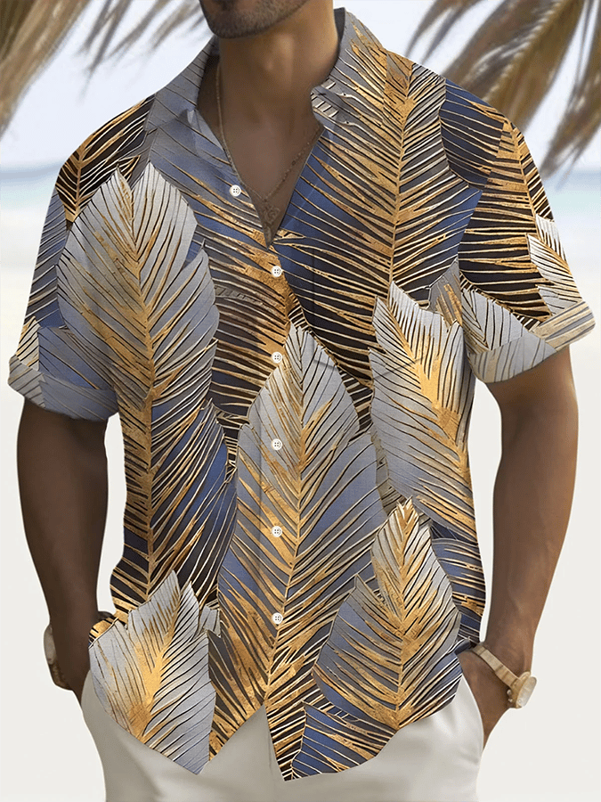 Camisa vintage Botanical Ombre estampado Pocket de manga corta para hombre