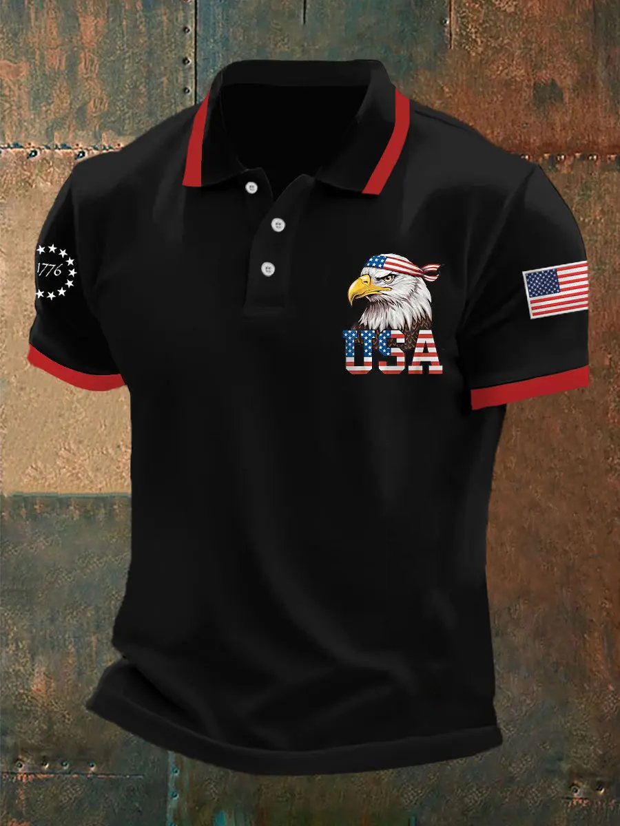 Camisa polo retro USA Eagle estampado para hombre