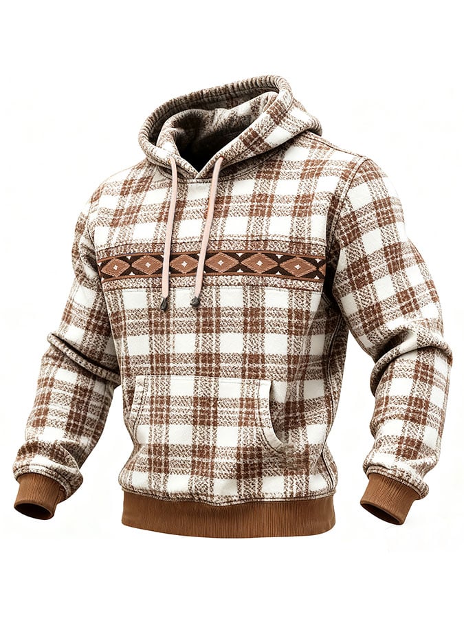 Sudadera casual retro a cuadros estampado de manga larga Hooded para hombre