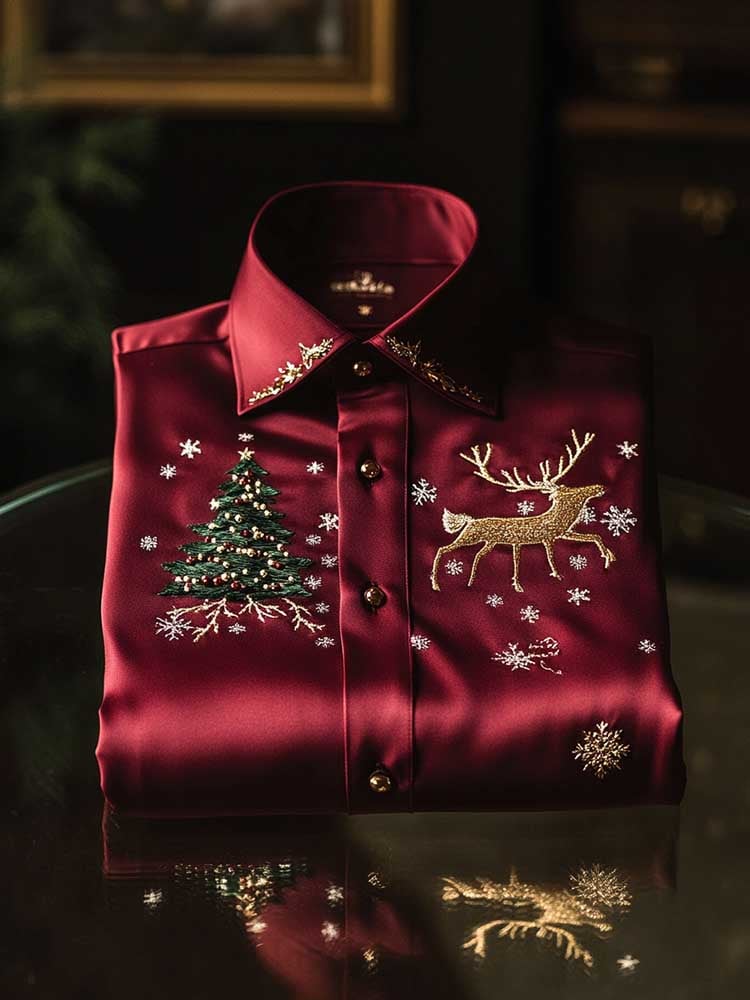 Camisa Christmas satén Luxe de manga larga con botones para hombre