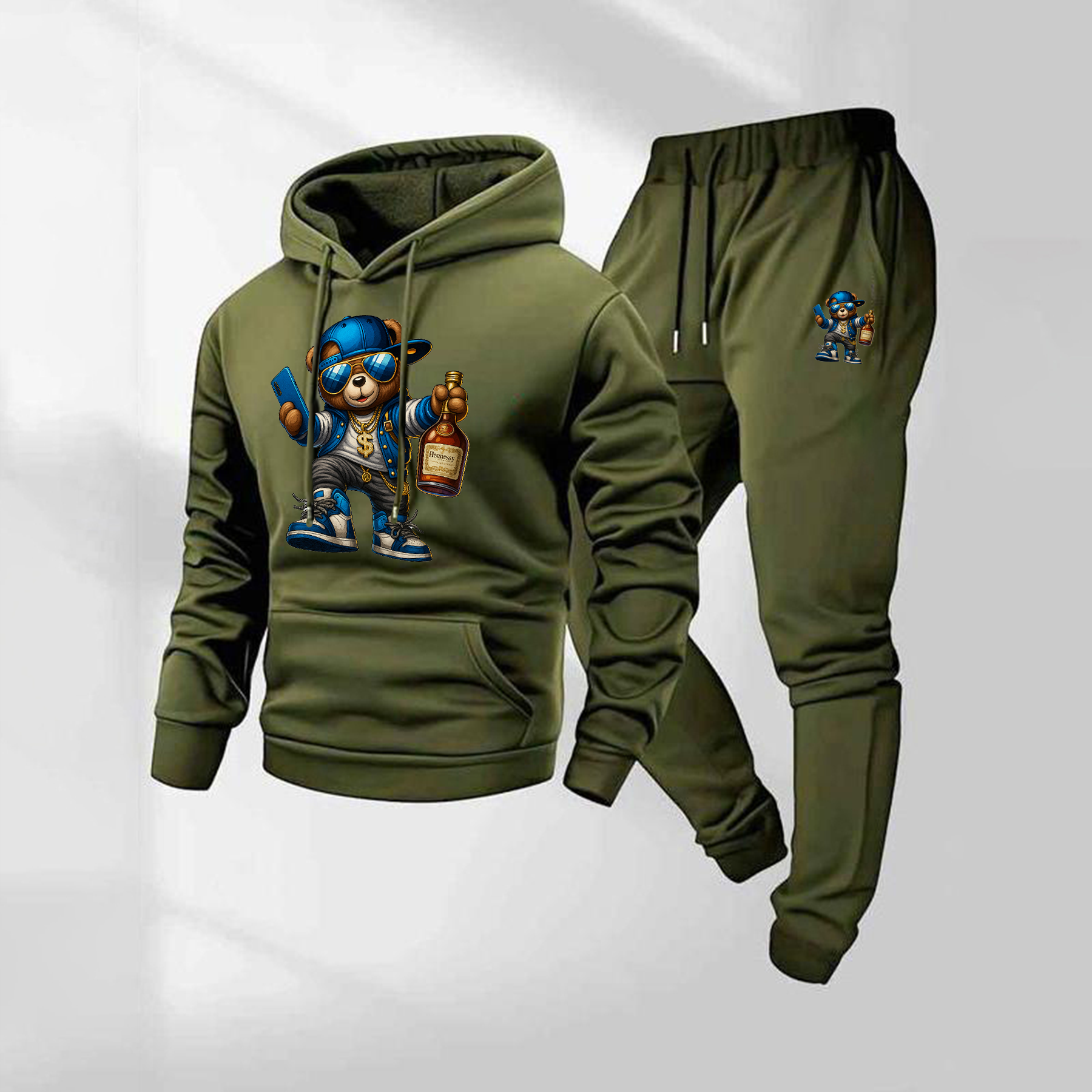 Sudadera con capucha Cartoon Bear Patterned And Drawstring Track pantalón Set, casual Athletic de manga larga Hooded chaqueta And pantalón, Suitable For Fall And Winter, Street Style sudadera con capucha Set, Everyday Wear, Indoor And para exterior Sportswear, para hombre