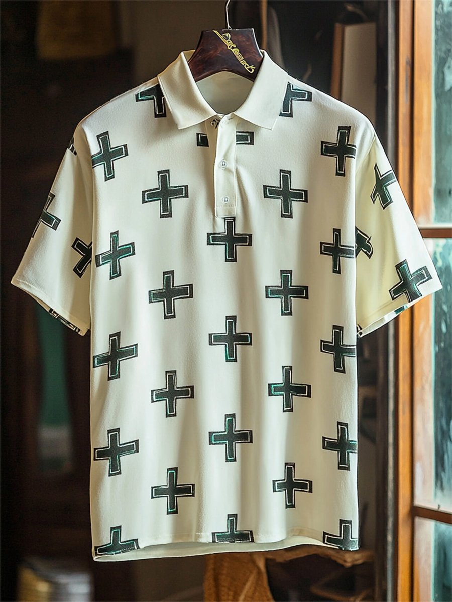 Camisa polo ejecutivo casual Cross estampado Button de manga corta para hombre