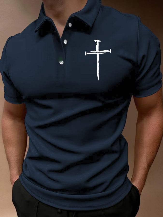 Casual Cross estampado Button cuello Polo Top para hombre