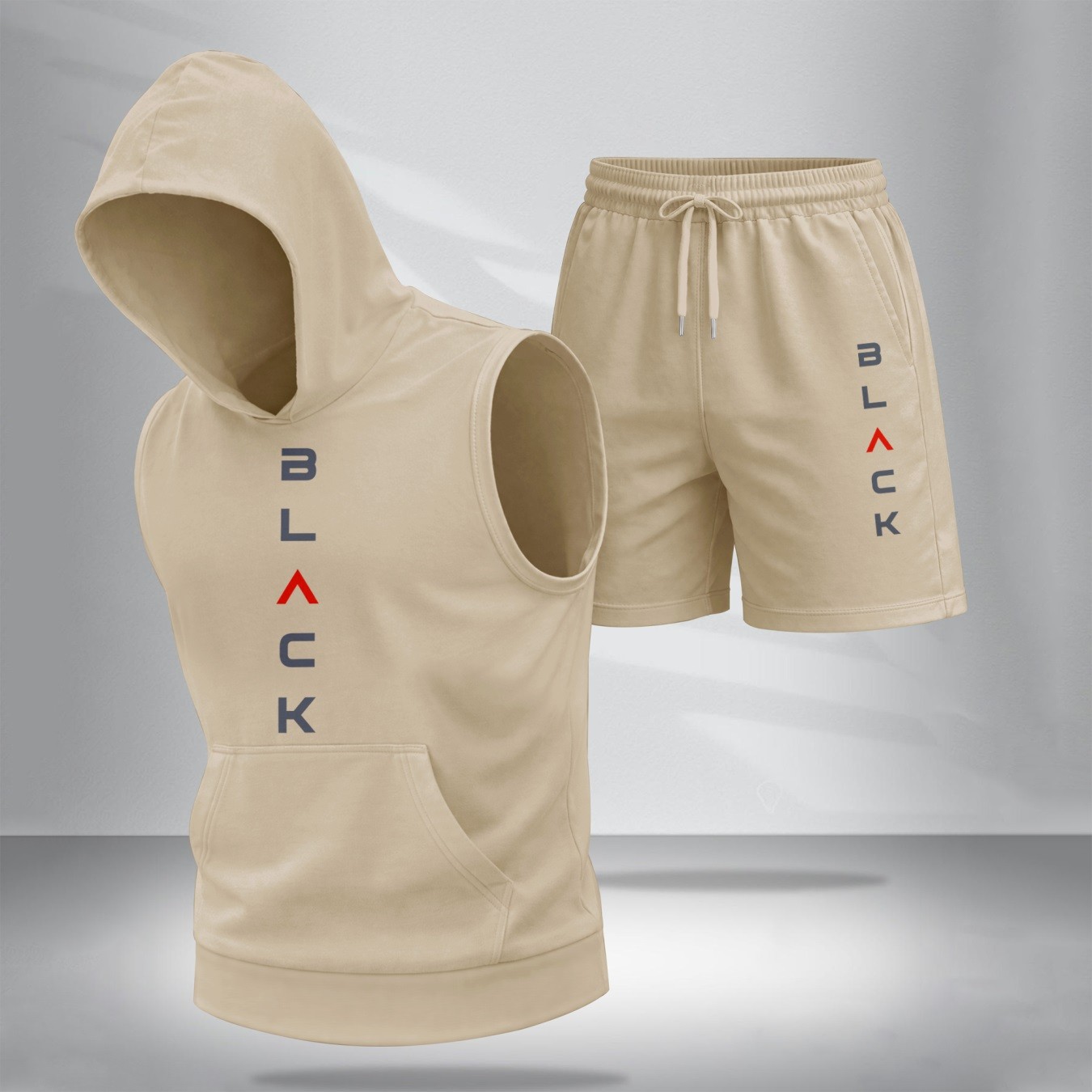 Sudadera con capucha Sleeveless & shorts Set – “BLACK” Vertical Graphic Design, casual Summer Streetwear, Regular Fit Two-Piece Tracksuit, Athletic para exterior Activewear, TikTok Trending Summer Outfit para hombre