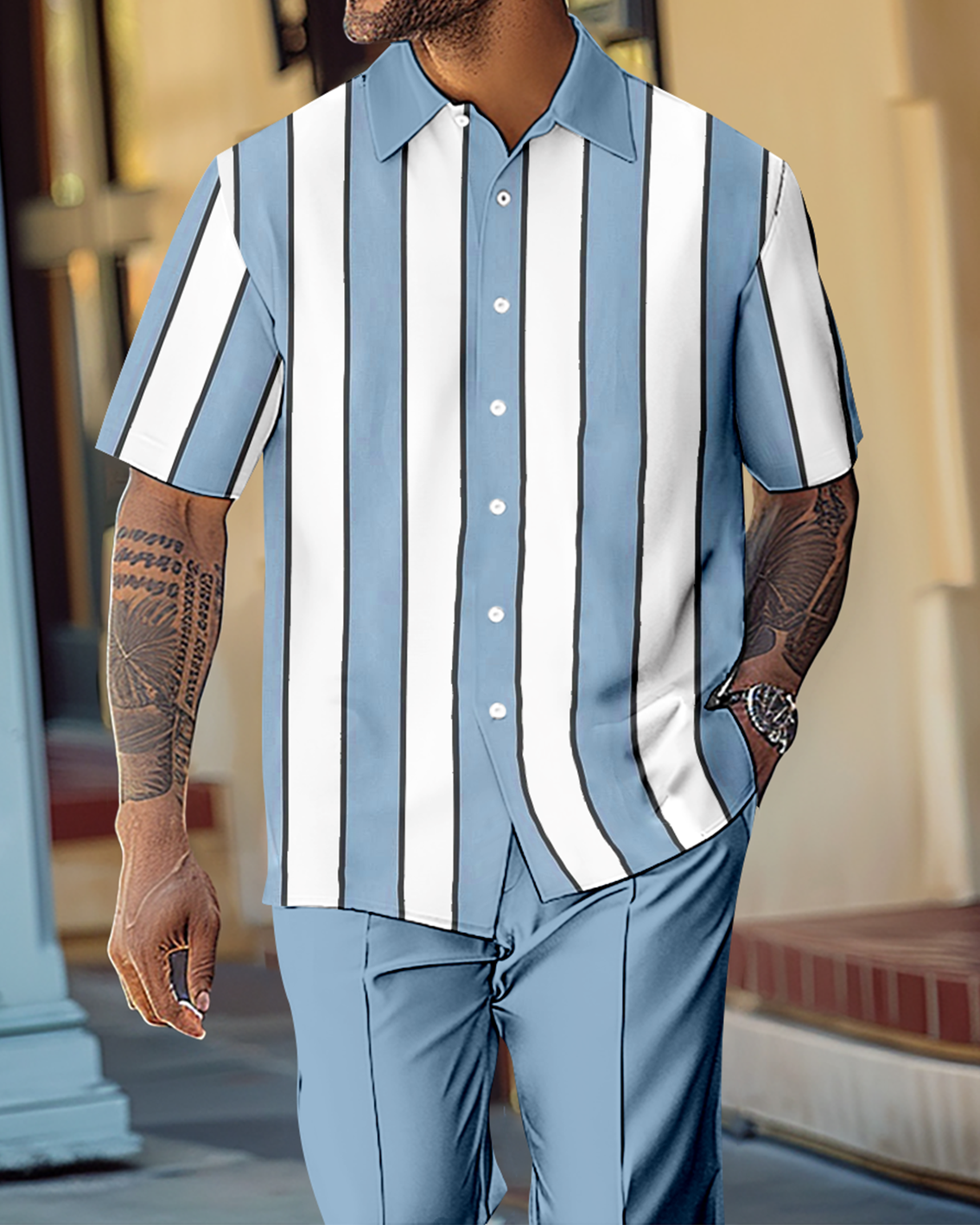 Camisa retro Colorblock de manga corta Walking Suit 1159 para hombre
