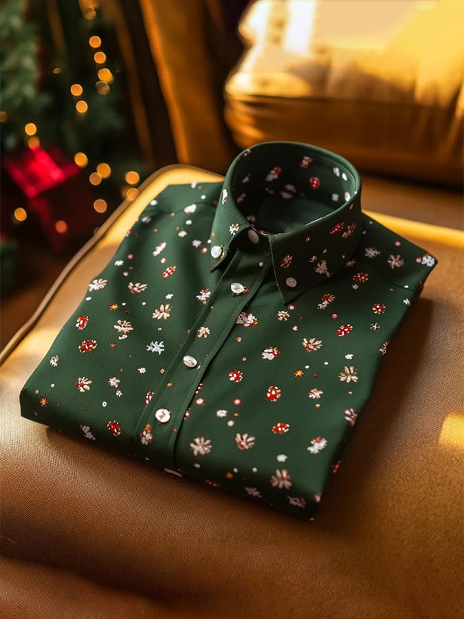 Camisa de lujo Christmas Contrast Color estampado de manga larga para hombre