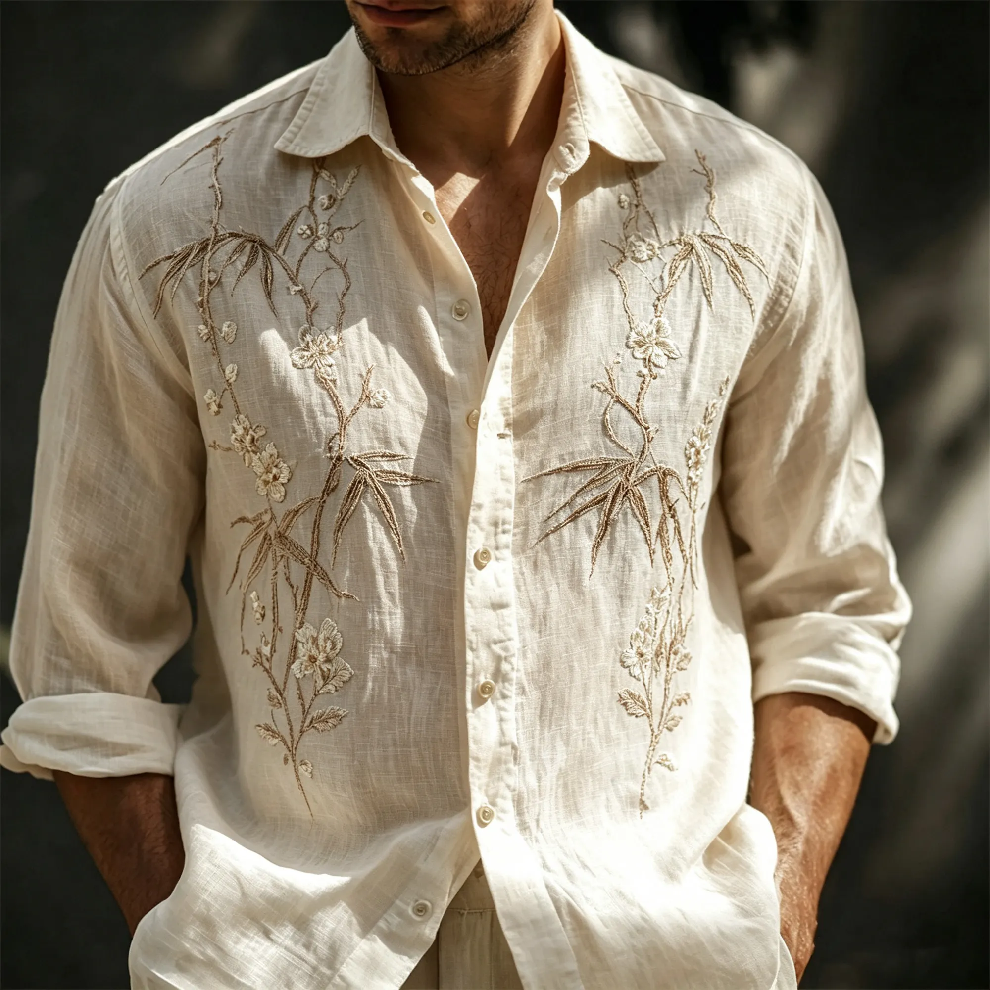 3d Embroidery Bamboo floral de lino camisa For Men, vintage Lightweight de manga larga camisa