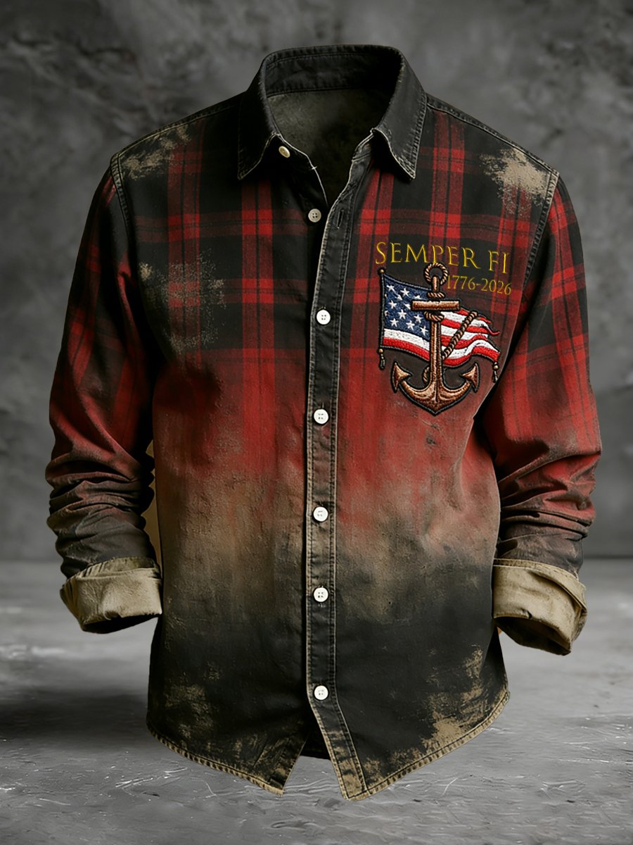 Camisa vintage Forever Loyal Commemorative Navy estampado de manga larga para hombre