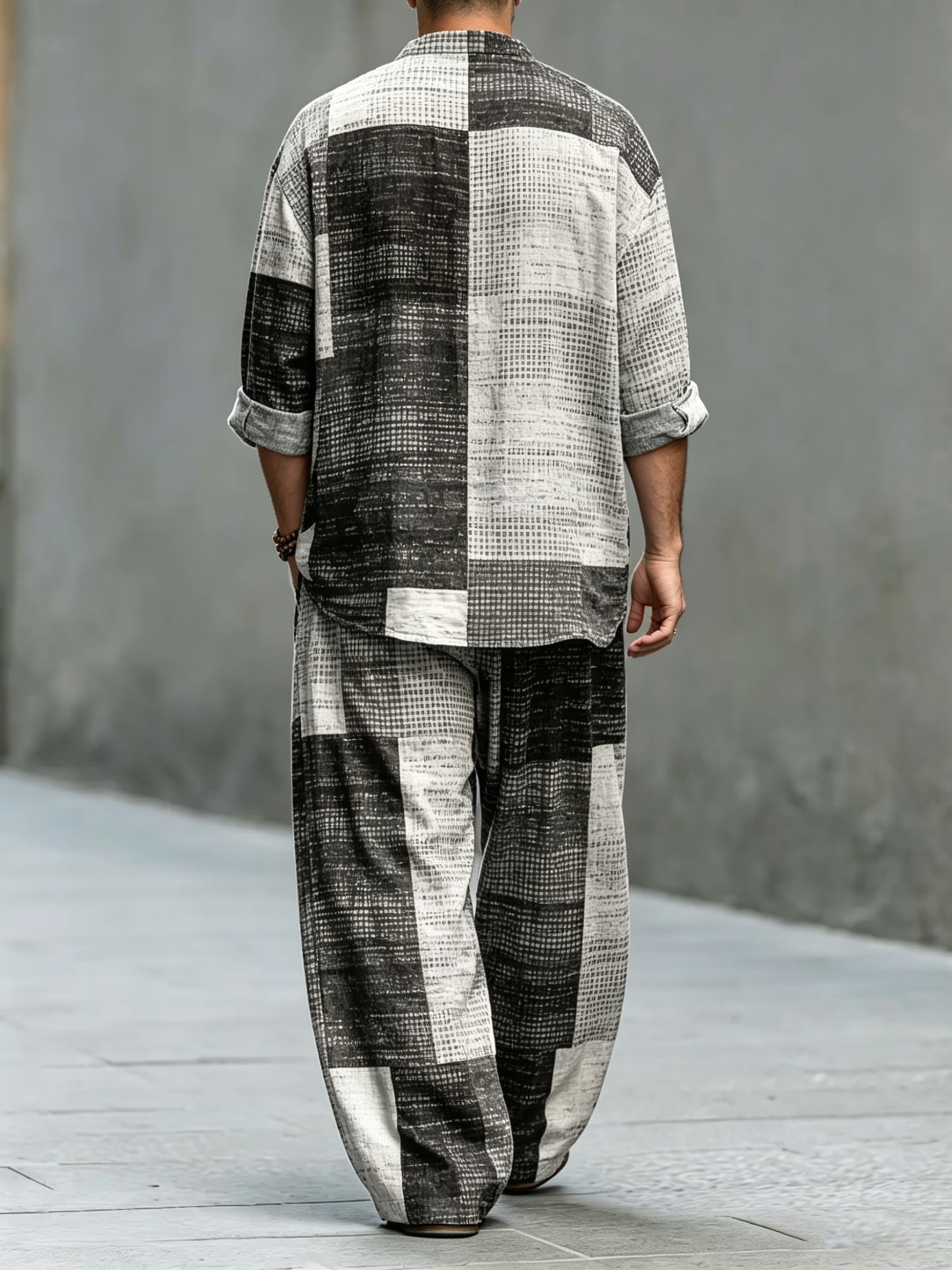 para hombre retro Geometric Patchwork Art Print de algodón camisa Set