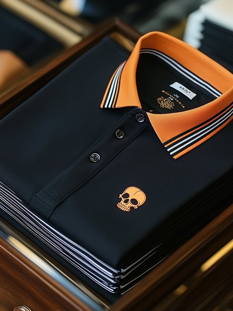 Camisa polo ejecutivo Orange a rayas Skull estampado de manga corta para hombre