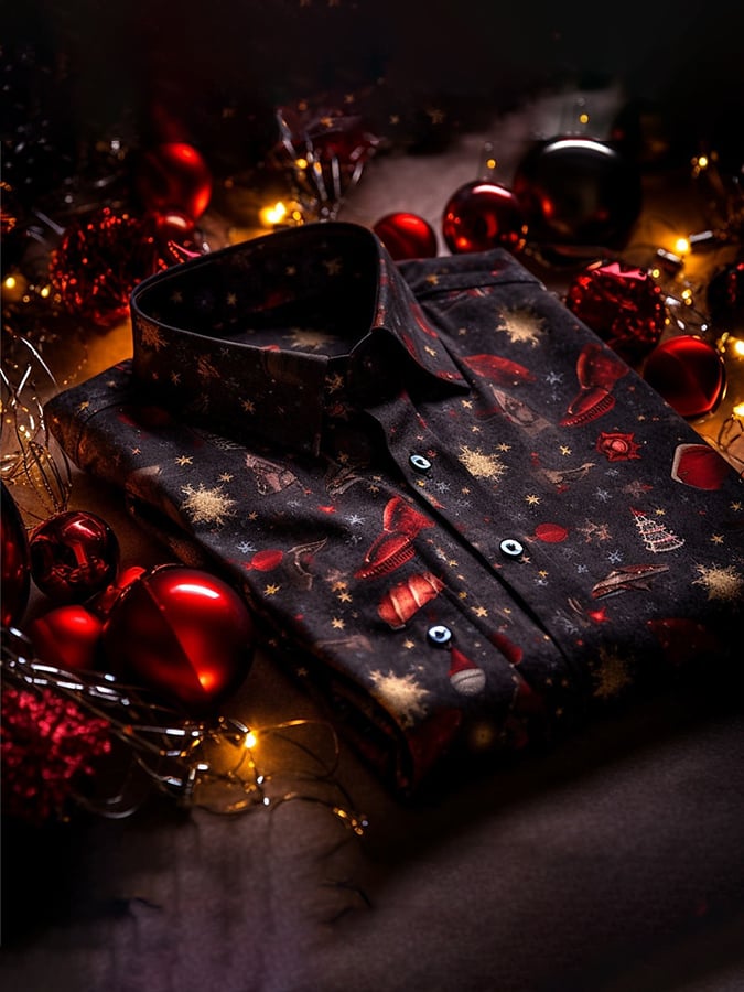 Camisa de lujo Christmas Contrast Color estampado de manga larga para hombre